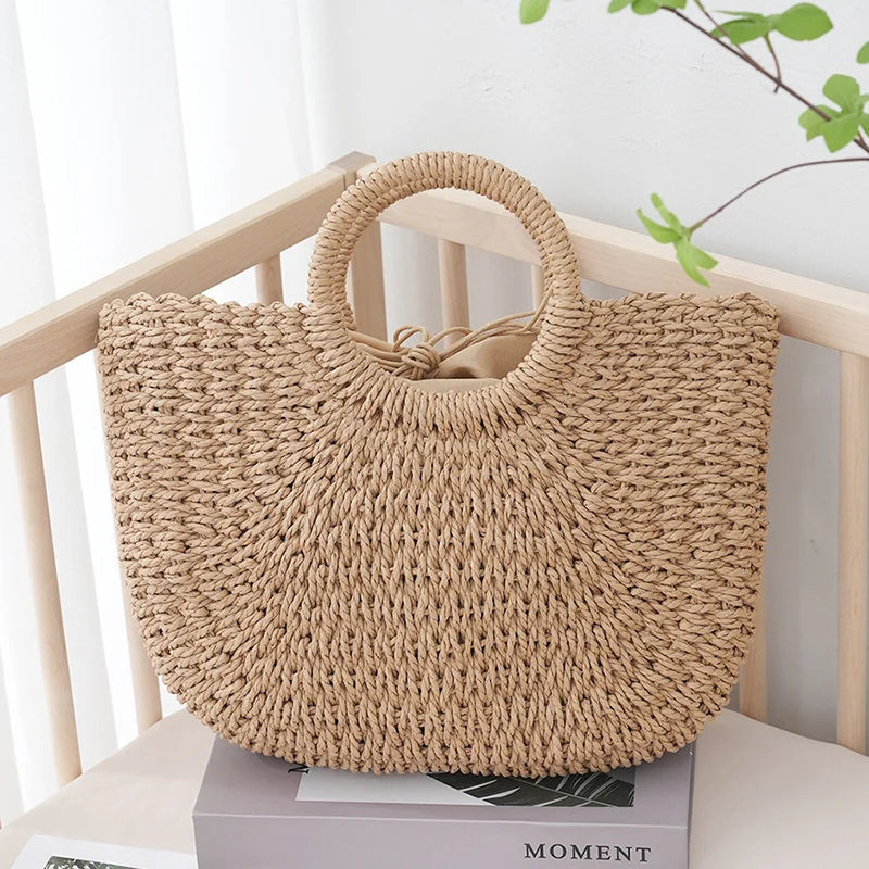 Summer Half-moon Straw Bag For Women Handmade Portable Handbag Large Capacity Beach Bag Basket Woven Top-handle Bag Purse Totes