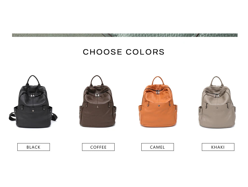 Mochila de couro bovino genuíno macio para uso diário, feminina, masculina, espaçosa, com vários bolsos, fashion, casual, versátil, para viagens, negócios, faculdade