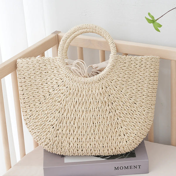 Summer Half-moon Straw Bag For Women Handmade Portable Handbag Large Capacity Beach Bag Basket Woven Top-handle Bag Purse Totes