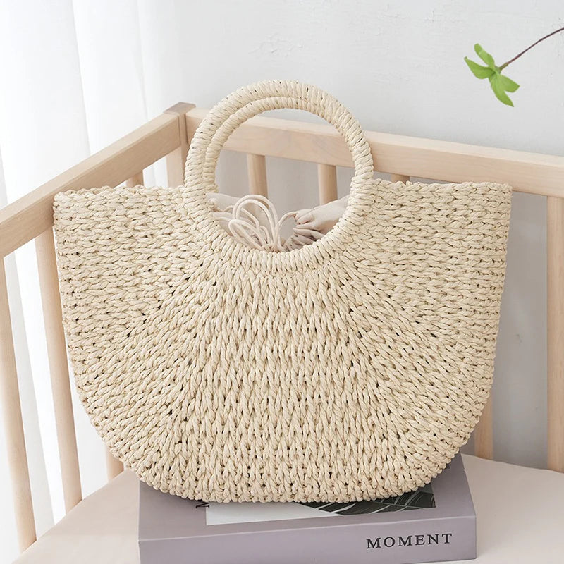 Summer Half-moon Straw Bag For Women Handmade Portable Handbag Large Capacity Beach Bag Basket Woven Top-handle Bag Purse Totes