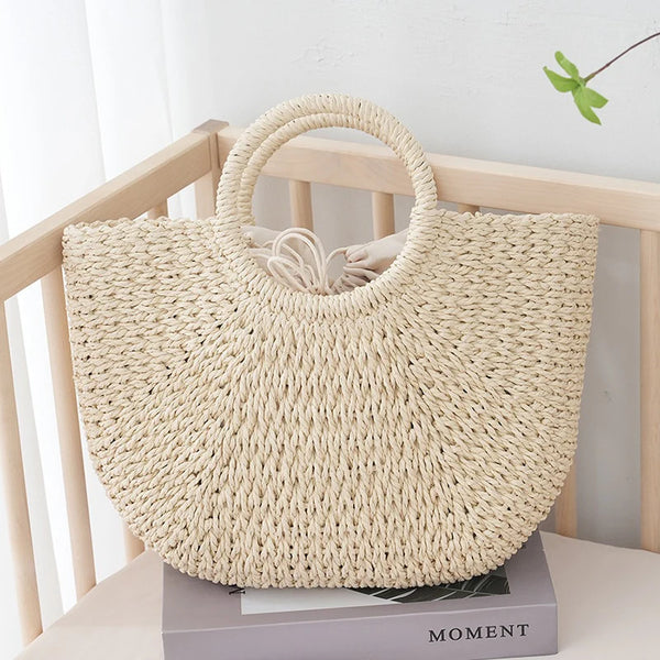 Summer Half-moon Straw Bag For Women Handmade Portable Handbag Large Capacity Beach Bag Basket Woven Top-handle Bag Purse Totes