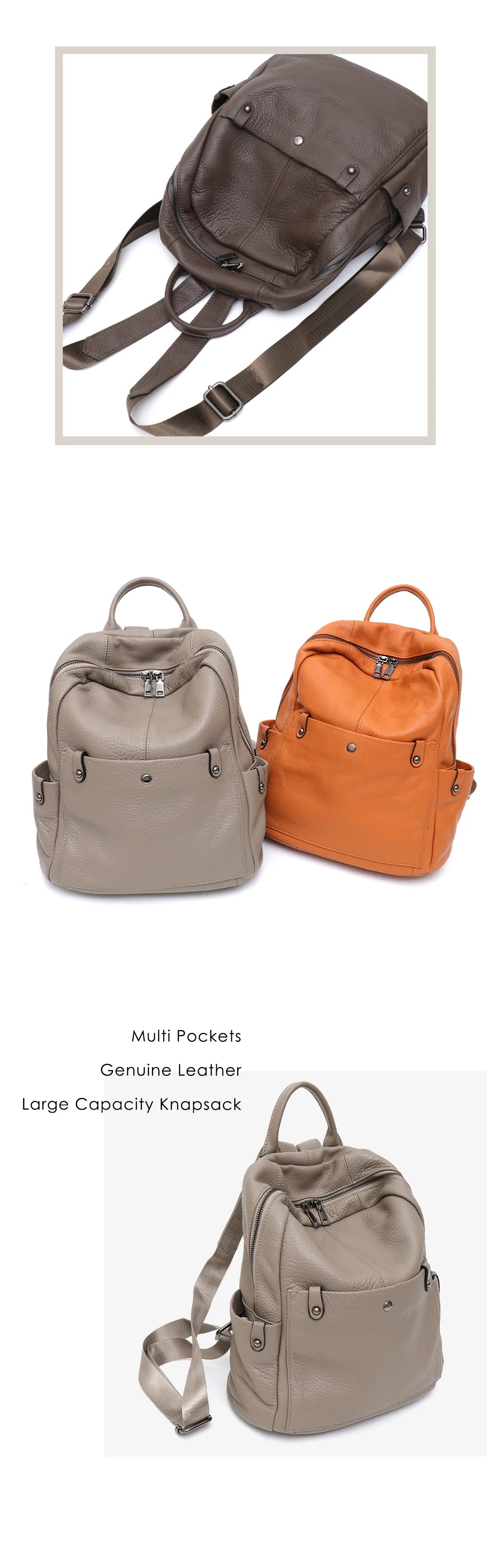 Mochila de couro bovino genuíno macio para uso diário, feminina, masculina, espaçosa, com vários bolsos, fashion, casual, versátil, para viagens, negócios, faculdade