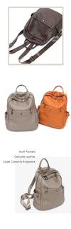 Mochila de couro bovino genuíno macio para uso diário, feminina, masculina, espaçosa, com vários bolsos, fashion, casual, versátil, para viagens, negócios, faculdade