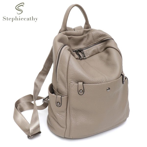 Mochila de couro bovino genuíno macio para uso diário, feminina, masculina, espaçosa, com vários bolsos, fashion, casual, versátil, para viagens, negócios, faculdade